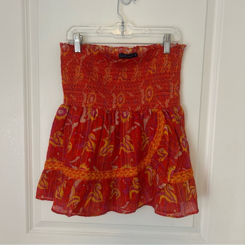 La Plage Orange Yellow Colorful Ruched Mini Skirt Boho Floral Sz Small Flirty